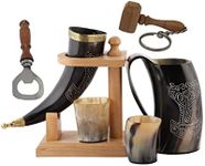 Viking Drinking OX Horn | Tankard | Mug | Cup for Ale, Beer, Mead, Wine, Shot Glass, Bottle Opener |100% Leak Free | Natural and Handmade | COMBO OFFERS (1 HORN WITH WOOD STAND COMBO)