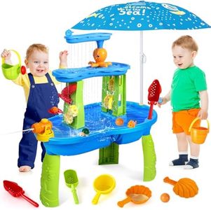 SUPER JOY Water Table for Toddlers 3-5, 3-Tier Kids Water Table with Umbrella, Kids Activity Table Outdoor Toys Water Play Table for Toddlers, Backyard Beach Water Toys for Boys Girls