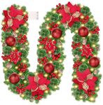 Christmas Garland, 9ft/270cm Christmas Xmas Decorations, Outdoor Indoor Christmas Pine Garland, Pre Lit Garlands, Christmas Tree Arch with Lights, Red Flower and Red Ball for Stairs Fireplace Door