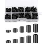 Prasacco 200 Pcs ABS Round Spacers Washers Assortment Kit, Insulation Spacer for M3 M4 Screws, Non Threaded Column Standoff Support Spacers Washers, 10 Different Sizes, Black