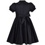 Sunny Fashion Girls Dress Black Bow Tie Belt School Uniform Front Button Short Sleeves Age 6 Years