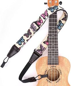 Eyeshot Ukulele Strap No Drill, Adjustable Double J Hook Clip on Uke Shoulder Strap, Hawaiian Butterfly Printing Hands Free Ukelele Strap, Easy to Use and Fit Most Standard Uke Sizes