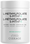 Codeage L-Methylfolate 5-MTHF+ Folate Complex - Active Vitamins B9, B12 Methylcobalamin, B6 P5P & Betaine TMG - Methylated B-Vitamin Supplement - 2-Month Supply - 60 Capsules