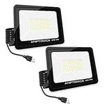 Amptonica LED Flood Light, 100W 10000 Lumen Waterproof Outdoor Floodlights with Plug, 5000K Daylight Exterior Flood Light, 500W HPS Equivalent LED Work Light for Landscape, Garden, Yard, 2 Pack