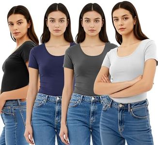 Emmalise Women's Short Sleeve Tshirt Scoop Neck Tee Value Set (4Pk, Bk, NVY, Wh, Chr, 1XL)