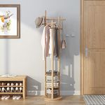 KungFuWood Coat Stand Freestanding, Rotary Wood Clothes Rack Stand with 3 Storage Shelves, Sturdy and Easy Assembly for Hallway, Bedroom and Office(wood colour)