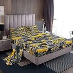 Kids Cartoon Excavator Fitted Sheet Vehicles Truck Car Bedding Set for Boys Toddler Machinery Bulldozer Bed Sheet Set Construction Site 1 Flat Sheet+ 1 Fitted Sheet+ 2 Pillowcase Room Decor Full Size