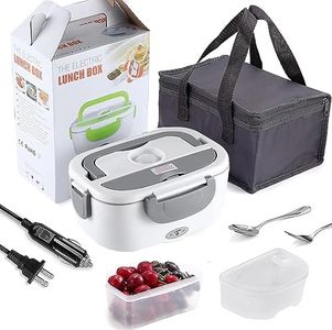 Gominimo 1.8L Electric Food Warmer Lunch Box with Insulated Carrying Bag, Includes Spoon and Fork, No Water Needed, Portable, Leak-Proof, Easy to Clean, Portable for Home and Car Use, Grey