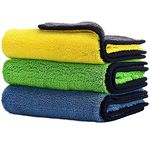 Auto Hub Heavy Microfiber Cloth for Car Cleaning and Detailing, Double Sided, Extra Thick Plush Microfiber Cloth, Lint-Free, 800 GSM (Size 40cm x 40cm)/Pack of 3, Color: Blue, Yellow, Green