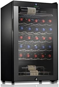 NutriChef Wine Fridge - 34 Bottle Wine Cooler Refrigerator, Large Freestanding Wine Cellar Fridge, Red and White Wine Chiller, Digital Temp. Control, Airtight Glass Door- Black- Home, Bar, Office