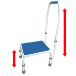 AdjustaStep(tm) Deluxe Step Stool/Footstool with Handle/Handrail, Height Adjustable. 2 Products in 1. Modern White/Blue Design. Padded Non-Slip Handle.