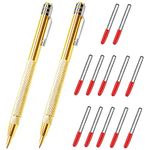 2 Pcs Tungsten Carbide Tip Scriber With 12 Replacement Marking Tip, Aluminium Magnet Carbide Scribe Tool etching Scribe Pen With Clip, Metal Engraving Pen for Glass/Ceramics/Hardened Steel(Gold)