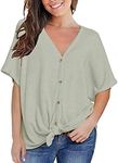 MIHOLL Womens Loose Blouse Short Sleeve V Neck Button Down T Shirts Tie Front Knot Casual Tops (XX-Large, Light Green)