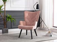 Modern Velvet Accent Chair Tufted Button Wingback Vanity Chair with Arms Upholstered Tall Back Desk Chair with Solid Wood Legs for Living Room Bedroom Waiting Room (Pink)