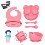 Hani Kids Silicone Baby Feeding Set – BPA-Free Suction Bowl, Divided Plate, Soft Spoon & Fork |Non-Toxic, Easy to Clean, Toddler & Infant Self-Feeding Essentials –Baby Led Weaning Set 7pcs (Pink)