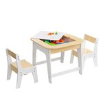 COSTWAY Kids Table and Chairs Set, Wooden Toddler Activity Table Set with Double-Sided Tabletop and Hidden Storage, 3 PCS Children Furniture Set for Learning Drawing Eating (Natural+White)