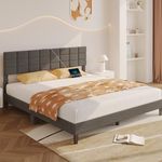 Seventable King Bed Frame with Charging Station and Storage Headboard, Upholstered Bed with Heavy Duty Wood Slats, No Box Spring Needed, Noise Free, Easy Assembly, Dark Grey