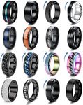 Kakonia 16Pcs Stainless Steel Band Rings for Men Women Fidget Anxiety Relief Rings Cool Chain Beveled Edges Celtic Black Band Spinner Rings Set for Wedding Promise Mens Rings Pack