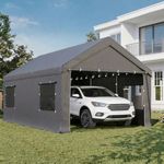 MELLCOM 12x20 Carport with Window&Large Zippered Door,PE Canopy with Metal Frame Shelter for Car,Truck,Boat,Motorcycle,Bike,All-Season Outdoor Garage,Grey