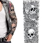 Tatodays temporary tattoo full arm skulls roses gothic stick on body art transfer for women and men cosplay fancy dress biker rocker halloween adult temp tattoo for arms