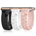 Seizehe 3 Pack Cartoon Engraved Bands Compatible with Apple Watch Band 38mm 40mm 41mm 42mm 44mm 45mm Women, Soft Silicone Sport Strap Cute Wristband for iWatch Series 9/8/7/6/5/4/3/SE