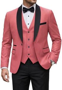YND Men's 3 Piece Slim Fit Tuxedo Suit Set, One Button Shawl Collar Solid Business Blazer Jacket Vest Pants with Bow Tie, Pink