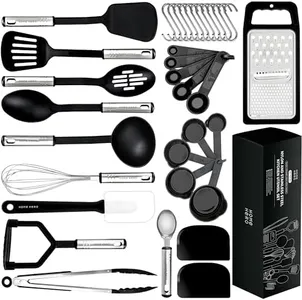 Home Hero Silicone Spatula Set with Ergonomic Handles - Stainless Steel High Heat Resistant Solid & Slotted Turner, BPA Free Non Stick Kitchen Utensils Set - Rubber Spatula (35 Pcs - Black)