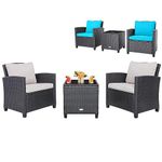 Tangkula 3 Pieces Patio PE Wicker Furniture Set with 4 Bonus Cushion Covers, Outdoor Conversation Set with Cushions and Tempered Glass Coffee Table, Patio Bistro Set for Porch, Deck