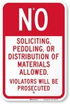 SmartSign 3M Engineer Grade Reflective Sign, Legend "No Soliciting Peddling Distribution of Materials", 18" High X 12" Wide, Red on White