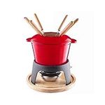 Cast Iron Fondue Set for up to 6 People - 11 Piece - 40 Fluid Ounce Enameled - Dishwasher Safe - Red - OneCrewMobileRestoBar