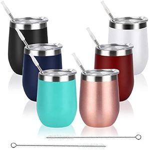 6 Pack Stainless Steel Wine Tumbler Wine Glass, 12 Oz Double Wall Vacuum Insulated Stemless Wine Tumbler with Lid Straw, Set of 6 Cups for Wine, Coffee, Cocktail, Ice Cream, Mix Color