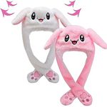 2Pcs Funny Plush Bunny Hat with Moving Jumping Ears Rabbit Earflaps Movable Ears Cap Fancy Dress Easter Gift (Pink+White)