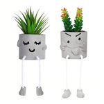 Artificial Plants Indoor, Fake Succulent Plants with Hanging Leg, Plant Pots with Creative Emotional Cement, Faux Plants Home Decor for House Office Bedroom Living Room Table Desk Shelf (2Pcs-Style 3)