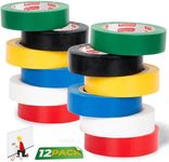 XFasten Colored Electrical Tape Assortment 3/4 Inch x 66ft 12-Pack UL/CSA Listed High Temp Black Yellow Green Blue White Red Electrical Tape Colors Multi Color Electrical Tape Pack Colored Vinyl Tape