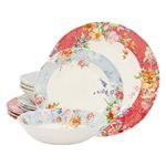 Tudor Royal 12-Piece Round Porcelain Dinnerware Set, Service for 4, Crimson Design, Summer Flowers, Plates Bowls Dishes, Glossy, Premium Quality Dish Set, Unique Pattern