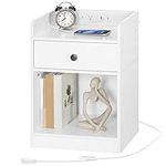 HOOBRO Nightstand with Charging Station, Wooden End Table with Drawer and Opening Shelf, Side Table with USB Ports and Outlets, Bedside Table for Bedroom, Night Stand Simple Style, White WT18UBZ01