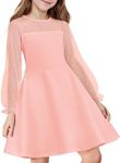 Flypigs Girl's Sheer Mesh Lantern Long Sleeve Cute Pink Valentine's Day High Waist Spring Dress for 9-10 Years