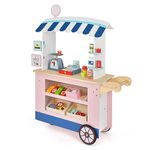 GYMAX Kids Grocery Store Cart, Wooden Market Play Shop with Wheels, 30 Pieces Accessories, Beverage Rack & Food Display Area, Pretend Children Shop Role Playset for 3 Year Old + Girls Boys