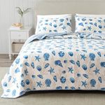 Full / Queen Coastal Quilt Bedding Set, Summer Coastal Quilt with Shams, Beach 3-Piece Reversible All Season Bedspread Quilt Set. Lightweight Nautical Quilted Coverlet. Bali Collection, Blue