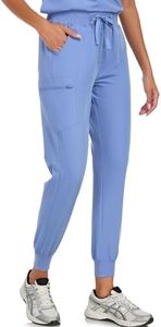 VECARDI Scrub Pants for Women Four Way Stretch Joggers High Rise Zipper Cargo Pants with 5 Pockets Light Blue