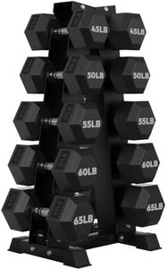 HANDBODE 550 lb Dumbbell Set Rubber Encased Hex Dumbbell Free Weights Dumbbells Set Home Weight Set with Enlarged A-Frame Rack (Pair of 45/50/55/60/65 lb)