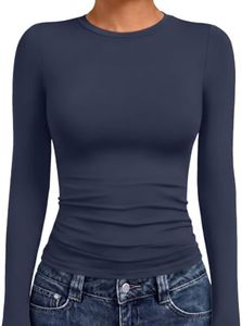 AUTOMET Womens Long Sleeve T-Shirts Trendy Basic Fitted Compression Going Out Crop Tops Fall Fashion Y2K Clothes 2025 Outfits Navy XL