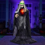 JOYIN 65” Halloween Animatronics Standing Grim Reaper Decoration with Breastbone, Life Size Skeleton Prop with Light & Sound (Sound Activated), Scary Animated Decor for Outdoor Graveyard Haunted House