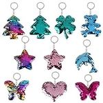 Pveath 10 Pcs Sequin Keychains, Magic Reversible Sequin Glitter Keychains with Stars Love Christmas Trees Clover Butterflies Dolphins Bears for Kids Girls Birthday Party Gifts Decorations