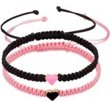 Generic Handmade Heart Beaded Matching Bracelets Friend Love Family Couple Bracelet Adjustable Rope Bracelets Birthday Christmas Children Gift Idea (Black+Pink(2pcs))