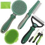 KUEIOX Pet Grooming Kit - 7 PCS Green Deshedding Brush Set with Undercoat Rake, Slicker Brush, Bath Brush & Nail Clipper for Short & Long-Haired Dogs and Cats