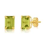 MAX + STONE 14k Yellow Gold Solitaire Green Peridot Emerald Cut Stud Earrings for Women | 7x5mm August Birthstone