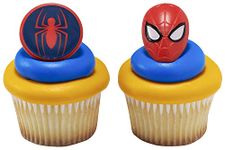 DecoPac Marvel's Spider-Man™ Spider and Mask Rings, Spider-Man Cupcake Decorations, Red and Blue Food Safe Cake Toppers – 24 Pack