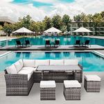 Koruiten Outdoor Patio Furniture Sets, 7 Pieces Outdoor Sectional Couch Sofa with Dining Table and Chair, All Weather PE Wicker Rattan with Ottoman for Pool, Garden, Backyard, Beige