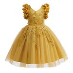 Weileenice Flower Girl Dress Mustard Yellow Big Girls Wedding Birthday Holiday Party Halloween Ball Gown 7 8 Lace Embroidery Princess Pageant Formal Tulle Dresses for Kids Bridesmaid Prom Photo Shoot